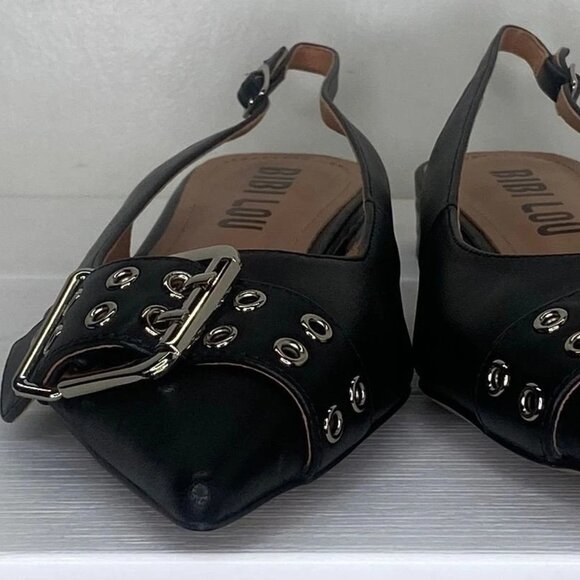 Bibi Lou Moto Slingback Flats 8 Black Leather Buckles - Picture 2 of 8